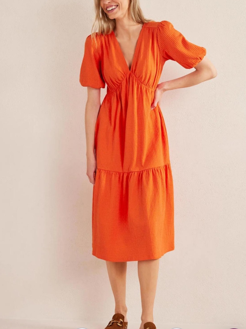 Boden Orange Midi Dress with Puff Sleeves
